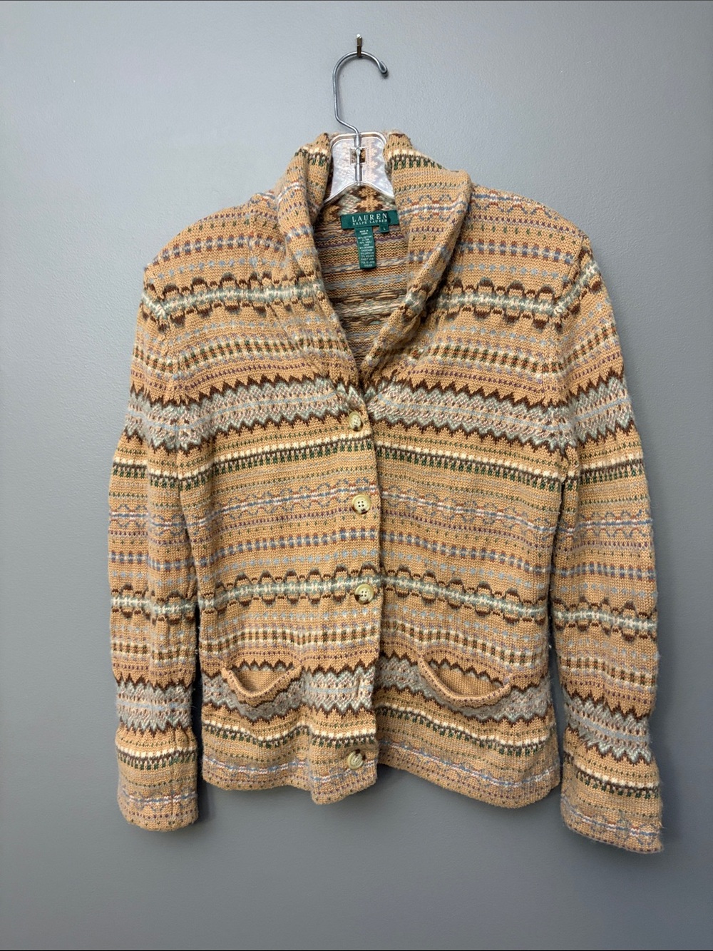 Lauren Ralph Lauren Multi-Pattern Shawl Collar Knit Jacket cardiganin - Size L